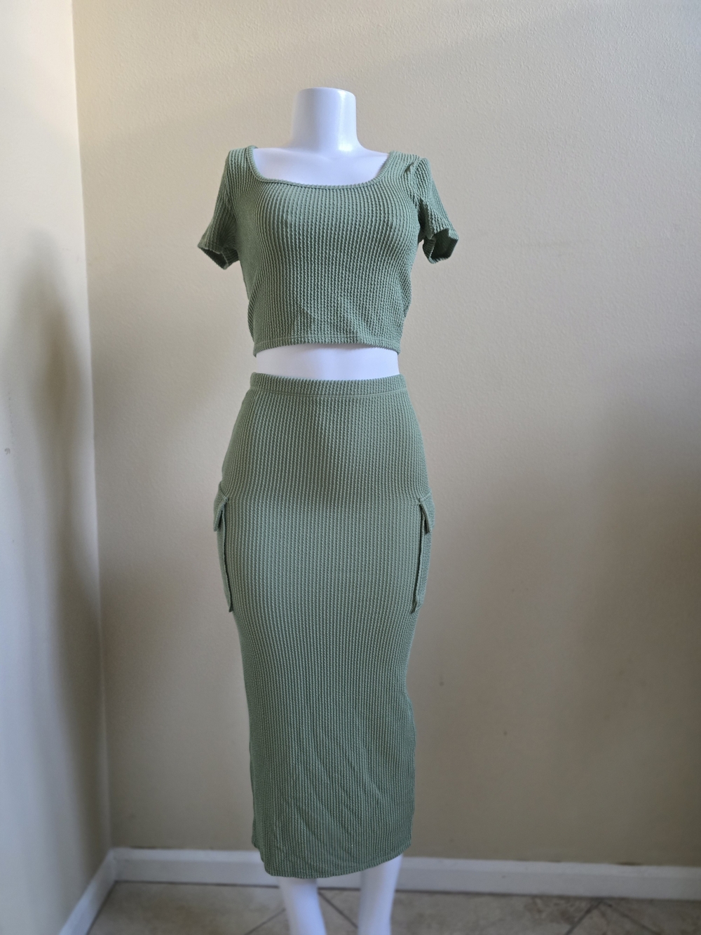 Sage Green Ribbed Knit Crop Top & Pencil Skirt Set